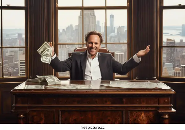 Ecstatic man throwing money in an office