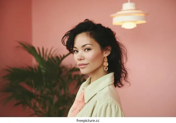 Asian Woman in Studio Portrait with Fashionable Earrings