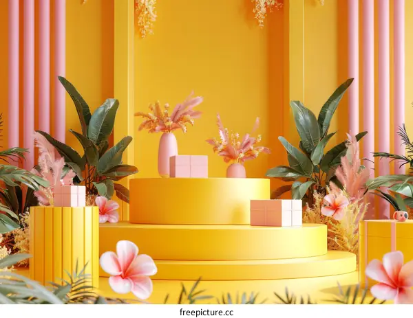 Tropical Yellow Display Stage with Gift Boxes