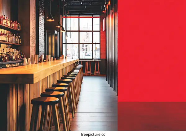 Empty Bar Counter With Red Wall Interior Design