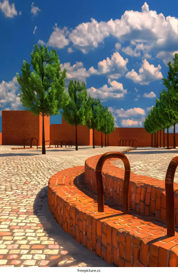 Brick Wall Park With Trees and Blue Sky