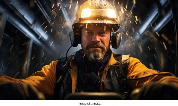 Bearded Miner in Hard Hat and Gear Operating Machinery