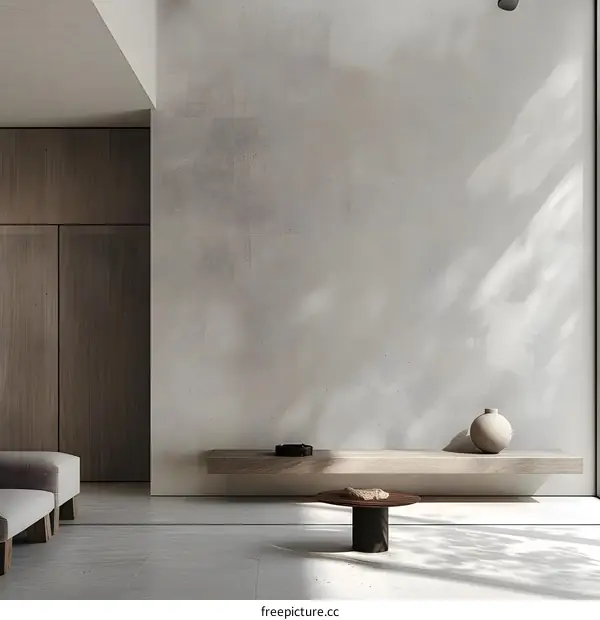 Minimalist Interior Design with Concrete Wall and Wooden Shelf