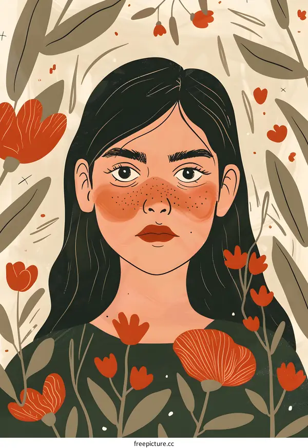 Woman with Freckles and Flowers Illustration