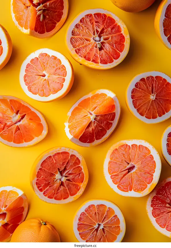 Freshly Cut Grapefruit Slices on Yellow Background