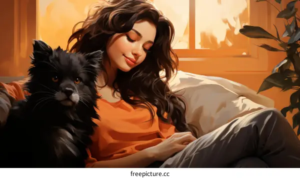 A young woman is sitting on a couch with a black cat