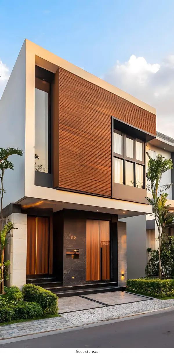 Modern Minimalist Two Story House with Wooden Facade