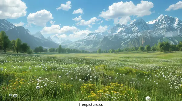 Alpine Meadow with Snow-Capped Mountains in the Swiss Alps