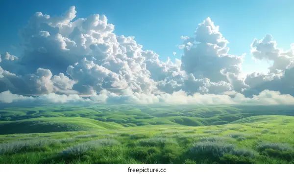 Green Rolling Hills with Blue Sky and Clouds