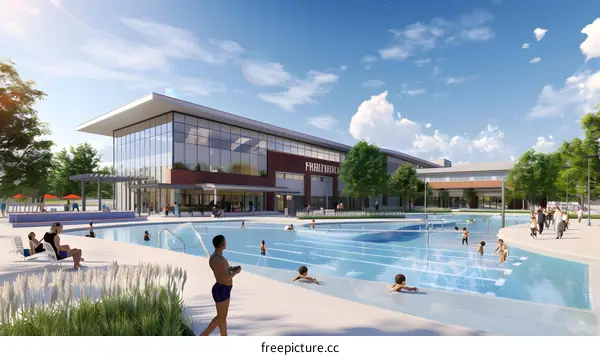 Outdoor Swimming Pool with Modern Building in the Background