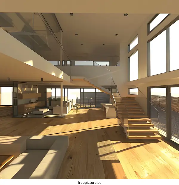 Modern House Interior With Wooden Stairs And Large Windows