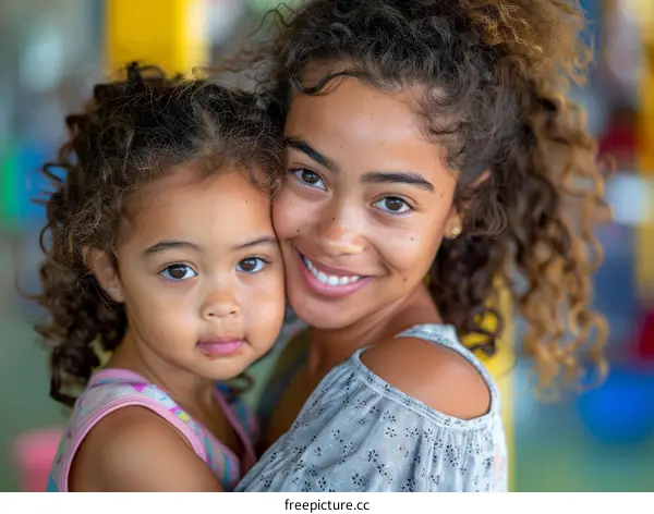 Two young sisters hugging each other