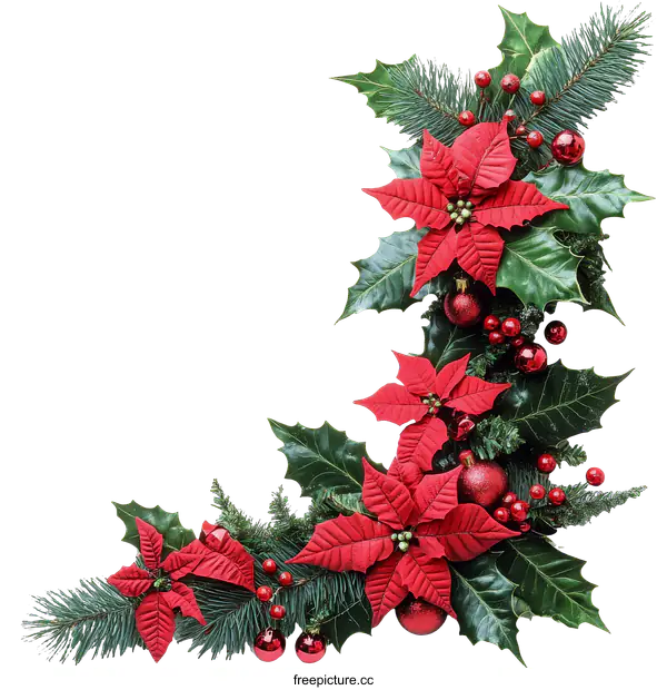 [Transparent Background PNG]Christmas Corner Decoration with Poinsettia and Holly