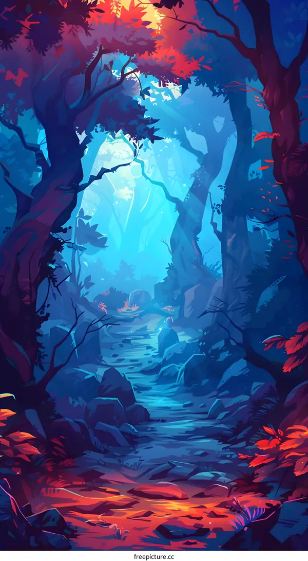 Enchanted Forest Path with Colorful Light