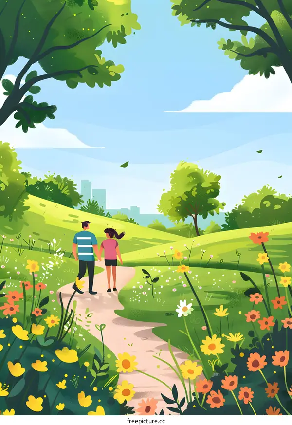 Couple Walking Through a Flowery Path in a Green Park