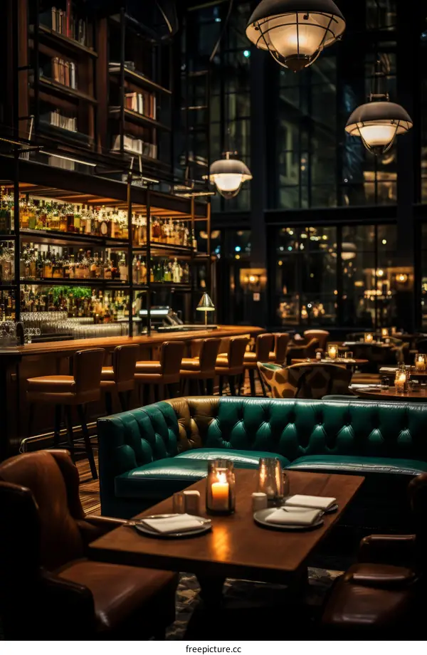 Luxurious restaurant interior with green leather sofa and wooden tables