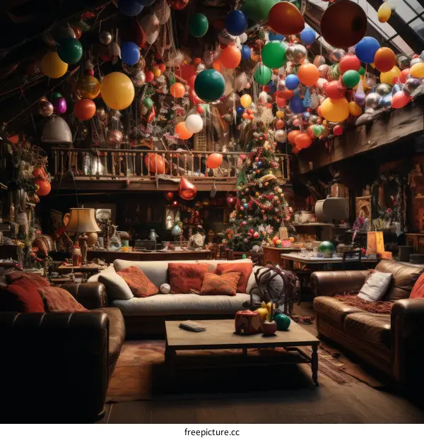 A living room decorated with colorful balloons and Christmas ornaments