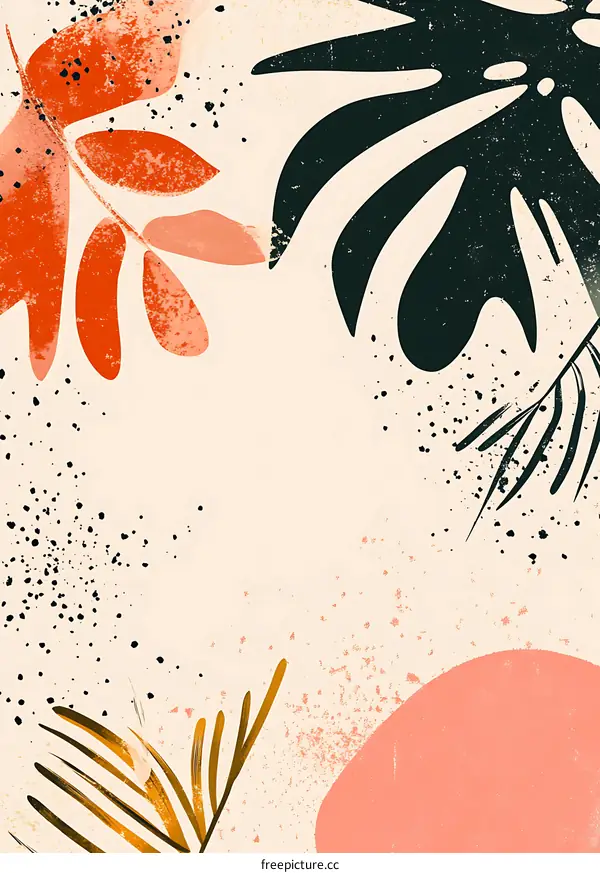 Abstract Art Print With Tropical Plants and Geometric Shapes