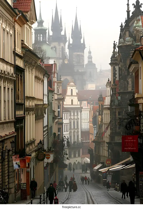 Cobblestone Street in Prague with Foggy Cityscape
