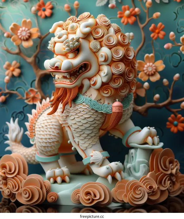 Vibrant Chinese Guardian Lion Clay Sculpture with Intricate Details