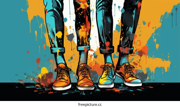 Three People Wearing Shoes with Colorful Paint Splatters