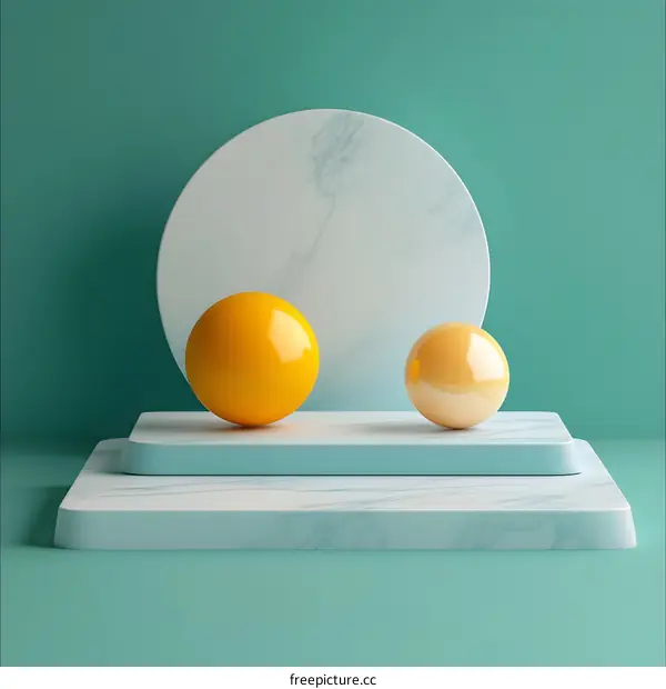 Abstract 3D Render of Marble Platforms and Spheres in a Green Background