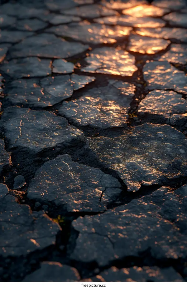 Cracked stone ground texture lit by warm sunlight