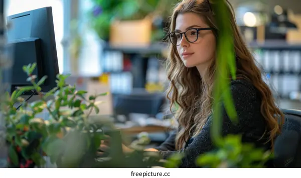 Young Woman Working at a Computer in a Modern Office