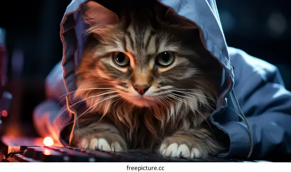 Cat Wearing a Hoodie in Front of a Computer Keyboard