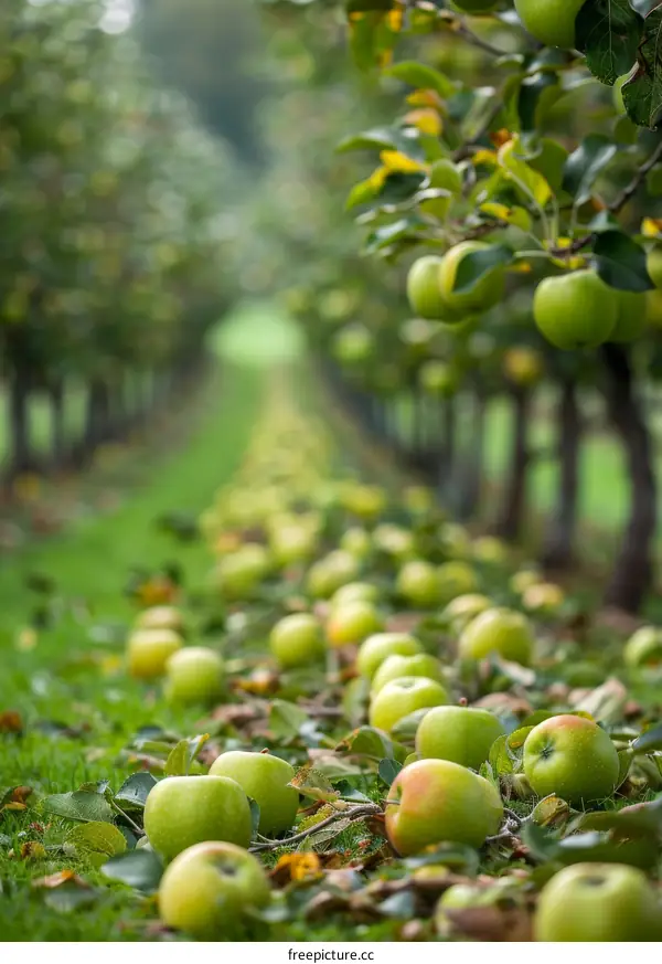 Orchard with a lot of green apples on the ground