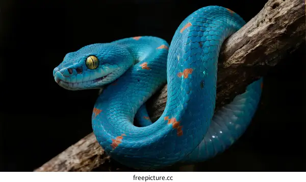 Blue Viper Snake Climbing on Tree Branch