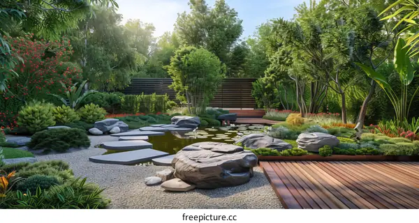 Japanese Zen Garden with Pond, Stone Path, and Wooden Deck