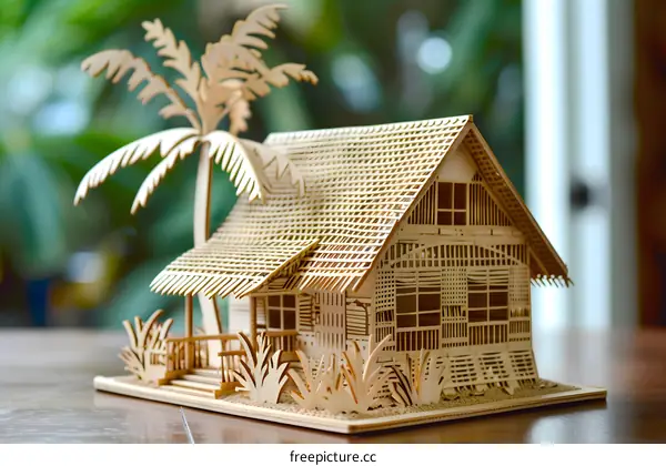 Wooden Model of Tropical House with Palm Tree