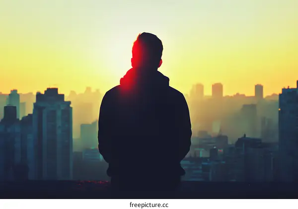 Silhouette of a Person Looking at City Skyline at Sunset