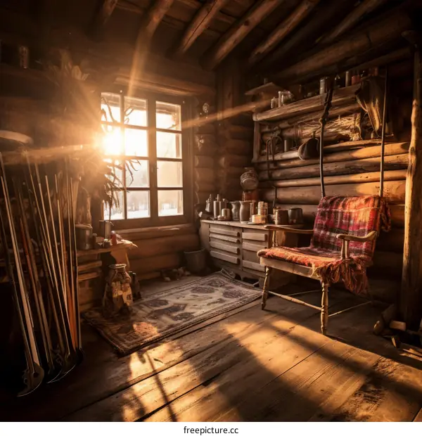 A Cozy Interior of a Wooden Cabin with a Large Window