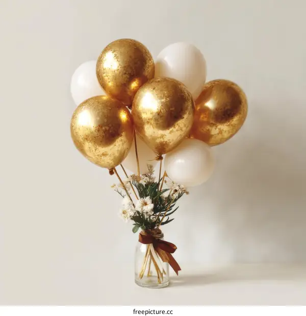 Gold and White Balloon Bouquet in a Glass Jar