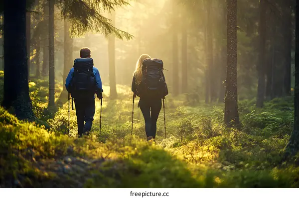 Couple Hiking Through Forest with Backpacks