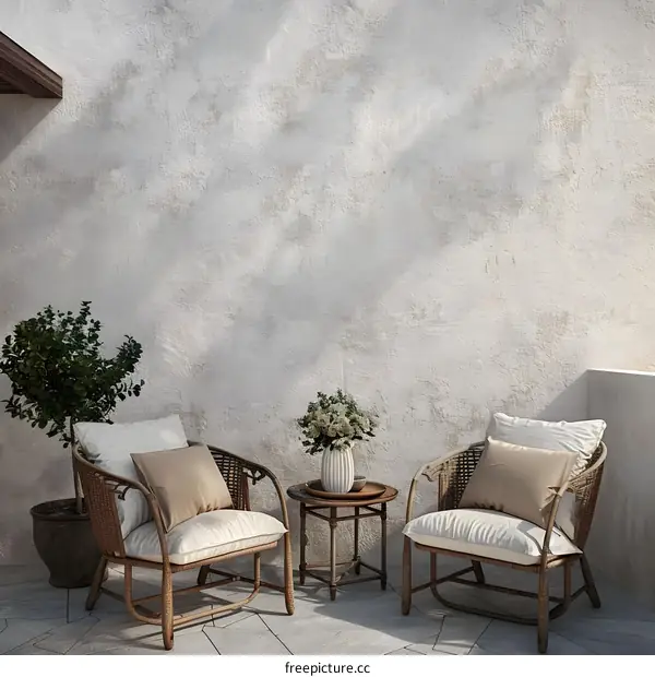 Minimalist Patio Design With Two Wicker Chairs and a Small Table