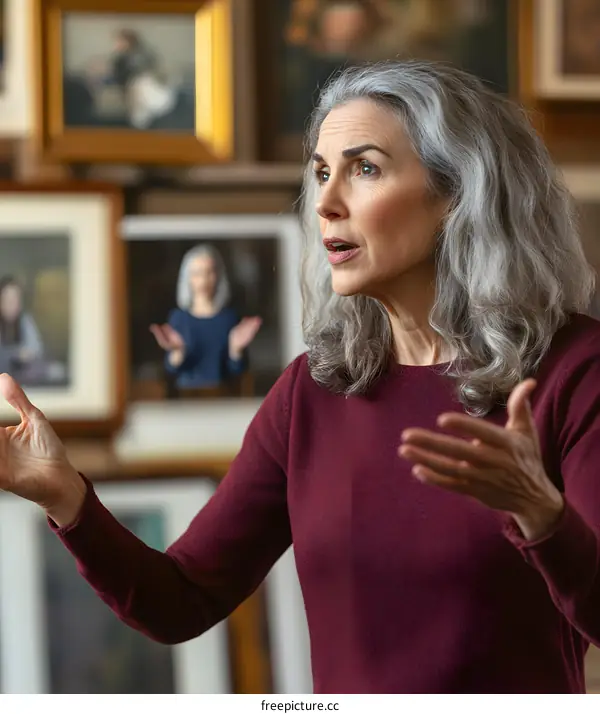 Woman with Gray Hair Speaking Passionately in a Gallery