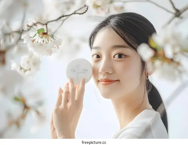 Smiling Asian Woman Holding Round Object With Floral Design in Front of Cherry Blossoms