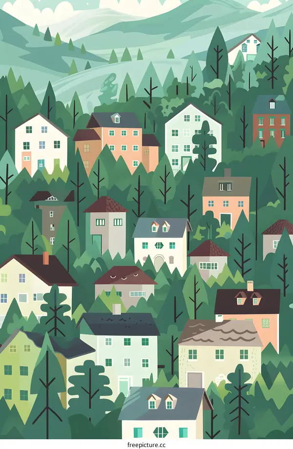 Illustration of a Green Village with Houses and Trees