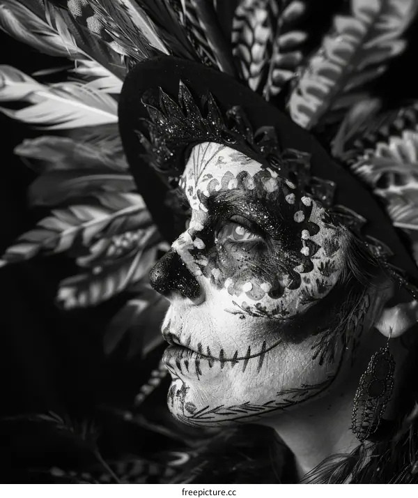 Black and white portrait of a woman wearing a traditional Mexican headdress