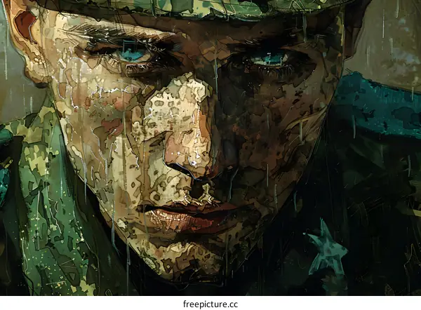 Close-up portrait of a soldier with camouflage face paint
