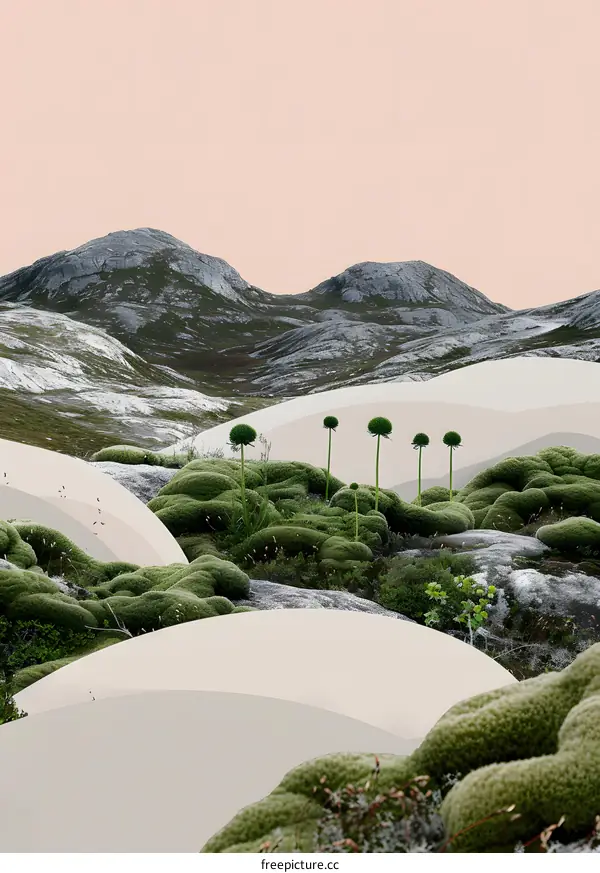 Abstract Green Mossy Landscape With Mountains In Background