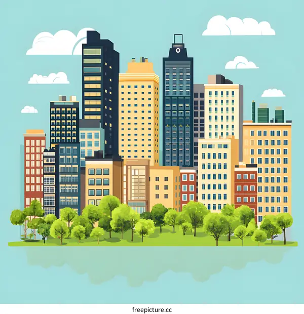 Cityscape with Buildings and Trees Illustration