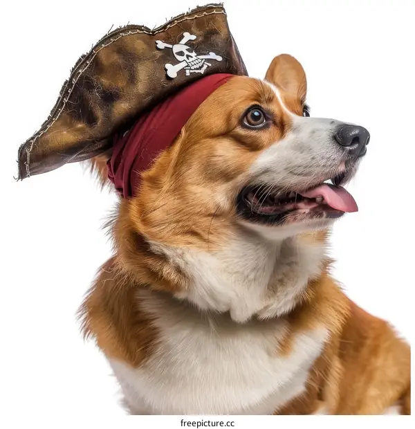 A cute corgi dog wearing a pirate hat