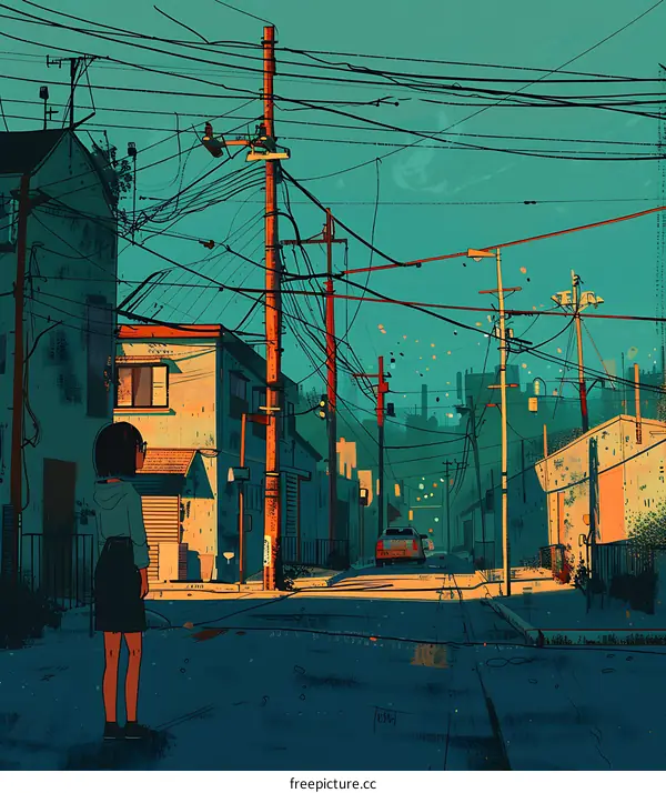 Girl Standing in an Alleyway with Power Lines