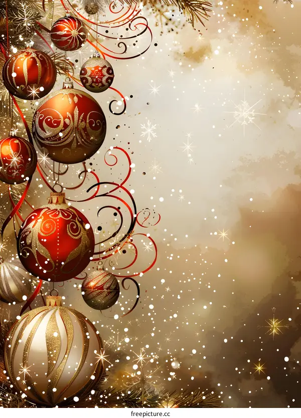 Christmas balls with red and golden ribbons on a golden background with snowflakes