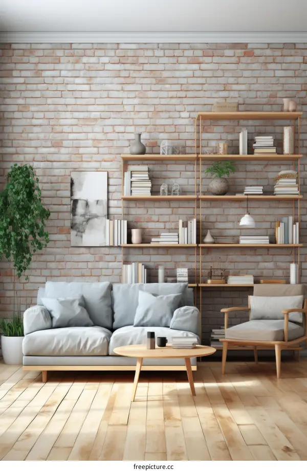 A cozy living room with a brick wall, wooden bookshelf, and gray sofa