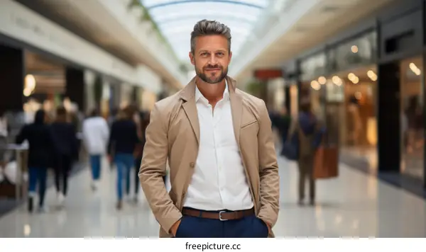 A man in a suit standing in a shopping mall
